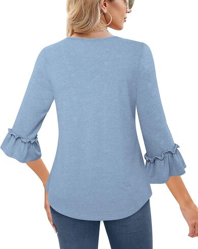 بلوزات ميسيك للنساء كاجوال أنيقة بطول 3/4 وأكمام جرس ورقبة على شكل حرف V وتي شيرت تونيك in Kuwait