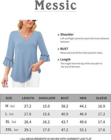 بلوزات ميسيك للنساء كاجوال أنيقة بطول 3/4 وأكمام جرس ورقبة على شكل حرف V وتي شيرت تونيك in Kuwait