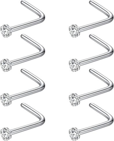 PunkTracker 8Pcs Nose Rings Studs 316L Surgical Steel Nose Studs 1.5mm 2mm 2.5mm 3mm CZ Nostril Piercing Jewelry L Shaped Nose Rings for Women Men 20g/18g in Saudi Arabia