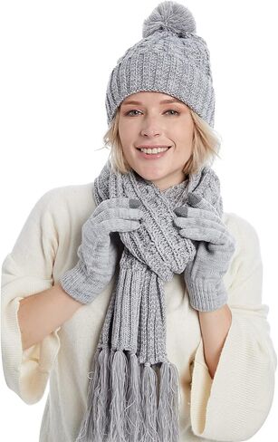 Womens Cable Knit Beanie Hat Scarf Glove Set, Fleece Lined Winter Hats Touchscreen Gloves Matching Long Scarfs for Women in Kuwait