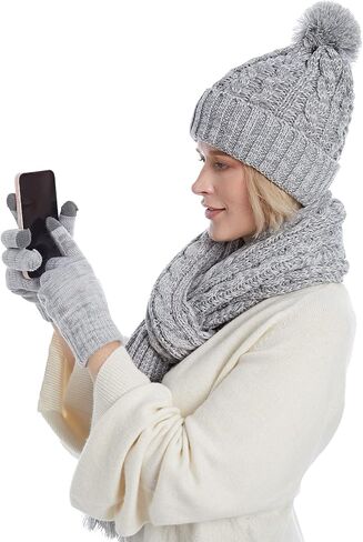 Womens Cable Knit Beanie Hat Scarf Glove Set, Fleece Lined Winter Hats Touchscreen Gloves Matching Long Scarfs for Women in Kuwait