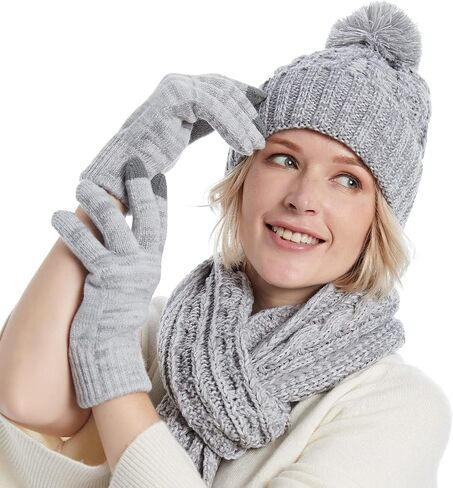 Womens Cable Knit Beanie Hat Scarf Glove Set, Fleece Lined Winter Hats Touchscreen Gloves Matching Long Scarfs for Women in Kuwait
