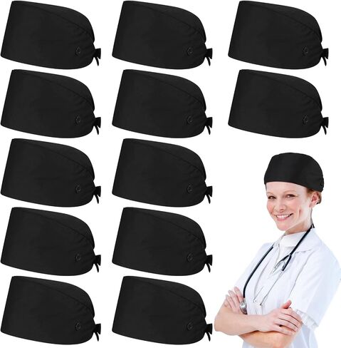 Yahenda 12 Pcs Surgical Working Caps Bulk with Button and Sweatband Adjustable Bouffant Hats Elastic Bandage Tie Back Nurse Scrub Cap for Women Men, Black in Saudi Arabia
