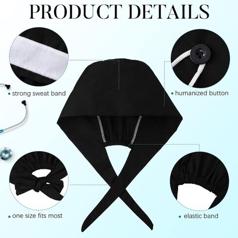 Yahenda 12 Pcs Surgical Working Caps Bulk with Button and Sweatband Adjustable Bouffant Hats Elastic Bandage Tie Back Nurse Scrub Cap for Women Men, Black in Saudi Arabia