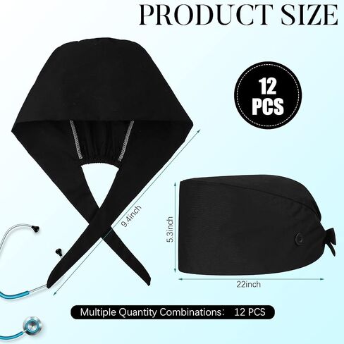 Yahenda 12 Pcs Surgical Working Caps Bulk with Button and Sweatband Adjustable Bouffant Hats Elastic Bandage Tie Back Nurse Scrub Cap for Women Men, Black in Saudi Arabia