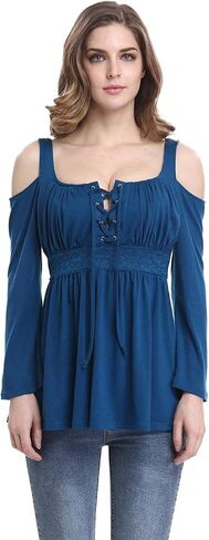 MOONCOLOUR Women's Cold Shoulder Lace Up Casual Tunic Solid Blouse Tops in Kuwait