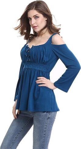 MOONCOLOUR Women's Cold Shoulder Lace Up Casual Tunic Solid Blouse Tops in Kuwait