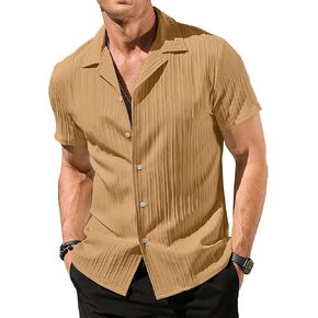 PLEPAN Men's Casual Button Down Shirts Textured Wrinkle Free Short Sleeve Cuban Collar Shirt for Men Summer Beach Camp