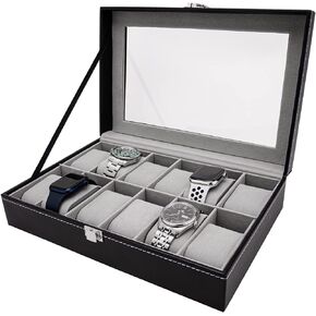 12 Slot Watch Box,Watch Case With Removable Watch Pillow And Glass Lid,Gray Velvet Lining, Metal Clasp,Black Synthetic Leather Watch Organizer, Watches Storage Box for Men and Women Watch in Saudi Arabia