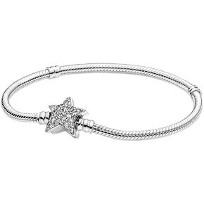 Pandora Moments Asymmetric Star Clasp Snake Chain Bracelet - Charm Bracelet for Women - Gift for Her - Sterling Silver with Clear Cubic Zirconia, With Gift Box