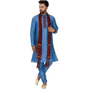 SKAVIJ Men's Art Silk Kurta Pajama and Scarf Set Indian Ethnic Wedding Party Dress