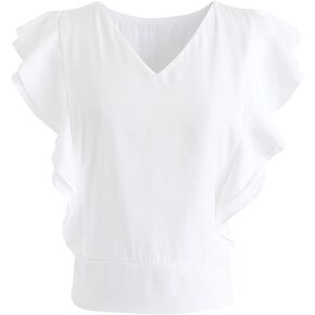 CHICWISH Women's Comfy Casual White/Peach Pink/Black Bowknot Tie Waist Sleeveless Ruffle Crop V-Neck Top in Saudi Arabia