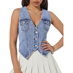 GORGLITTER Women's Denim Vest Flap Pocket Sleeveless Crop Tank Top Button Front Y2K Vest Denim Top