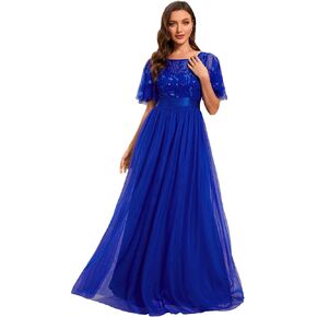 Ever-Pretty Women's Crew Neck A-Line Evening Cocktail Long Dress Ruffle Sleeve High Waist Beaded Bridesmaid Dresses 0904-USA