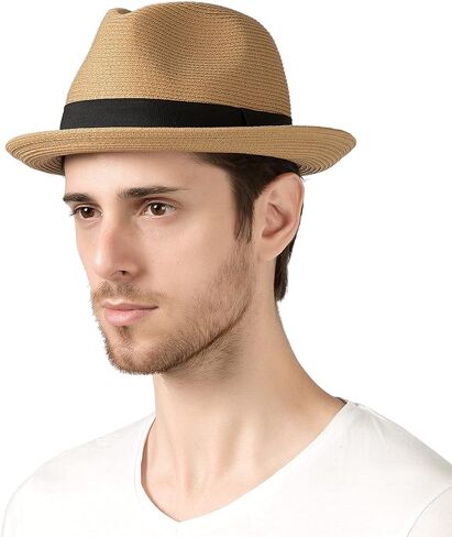 قبعة Lanzom للرجال والنساء من القش قابلة للطي، قبعة فيدورا الصيفية للشاطئ من الشمس in Kuwait