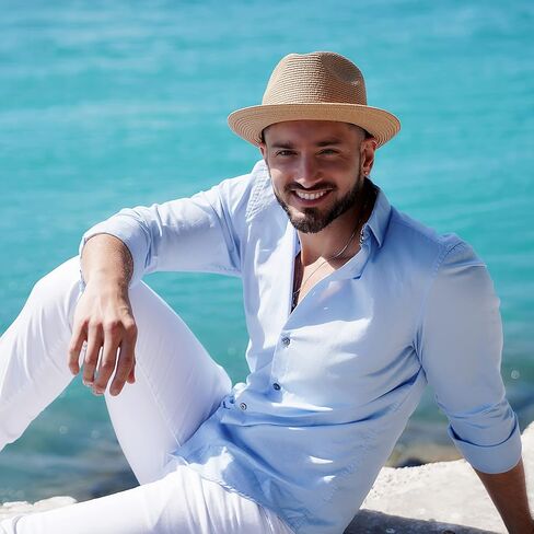 قبعة Lanzom للرجال والنساء من القش قابلة للطي، قبعة فيدورا الصيفية للشاطئ من الشمس in Kuwait