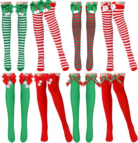 Seewey 8 Pairs Christmas Striped Thigh High Socks for Women Teen Girls Knee High Socks Bulk Christmas Socks with Santa Claus Bow Novelty Candy Cane over Knee Stockings for Xmas Gifts Cosplay Halloween in Saudi Arabia
