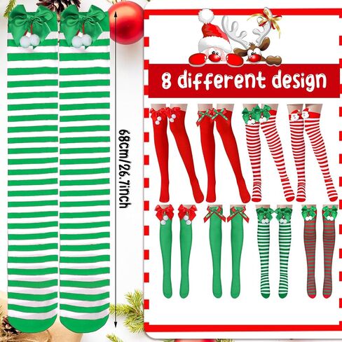 Seewey 8 Pairs Christmas Striped Thigh High Socks for Women Teen Girls Knee High Socks Bulk Christmas Socks with Santa Claus Bow Novelty Candy Cane over Knee Stockings for Xmas Gifts Cosplay Halloween in Saudi Arabia