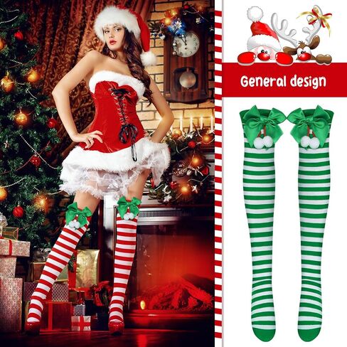 Seewey 8 Pairs Christmas Striped Thigh High Socks for Women Teen Girls Knee High Socks Bulk Christmas Socks with Santa Claus Bow Novelty Candy Cane over Knee Stockings for Xmas Gifts Cosplay Halloween in Saudi Arabia
