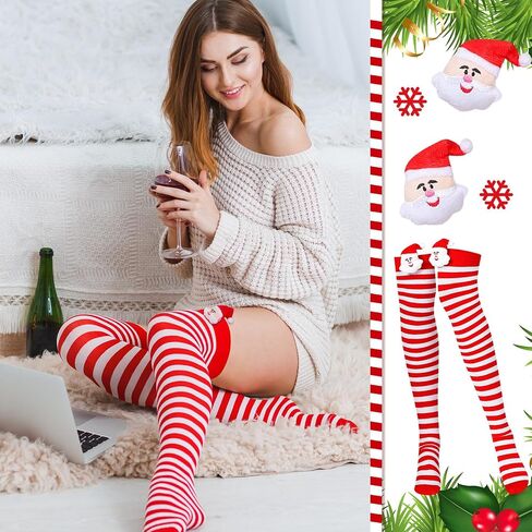 Seewey 8 Pairs Christmas Striped Thigh High Socks for Women Teen Girls Knee High Socks Bulk Christmas Socks with Santa Claus Bow Novelty Candy Cane over Knee Stockings for Xmas Gifts Cosplay Halloween in Saudi Arabia