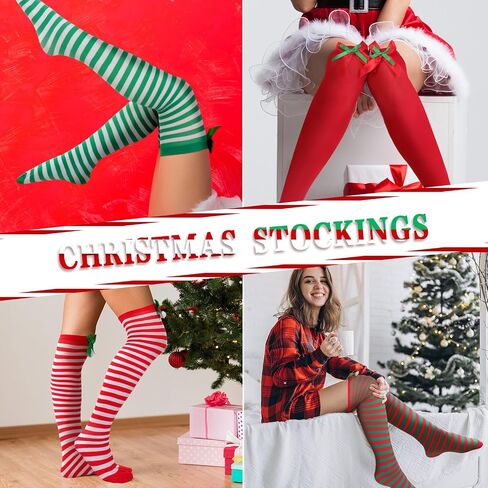 Seewey 8 Pairs Christmas Striped Thigh High Socks for Women Teen Girls Knee High Socks Bulk Christmas Socks with Santa Claus Bow Novelty Candy Cane over Knee Stockings for Xmas Gifts Cosplay Halloween in Saudi Arabia