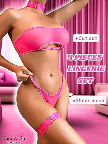 Kaei&Shi Sheer Mesh Lingerie Set, Sexy Bra And Panty 4PC, Strapless Choker in Saudi Arabia