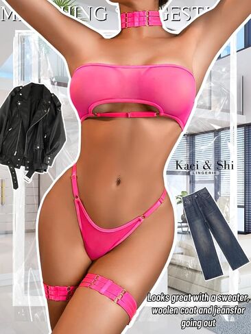 Kaei&Shi Sheer Mesh Lingerie Set, Sexy Bra And Panty 4PC, Strapless Choker in Saudi Arabia
