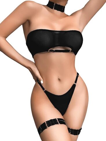 Kaei&Shi Sheer Mesh Lingerie Set, Sexy Bra And Panty 4PC, Strapless Choker in Saudi Arabia