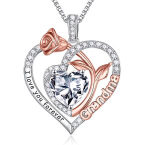 Iefil Gifts for Grandma - Birthstone Grandma Necklace, 925 Sterling Silver Rose Heart Pendant Birthstone Necklace for Grandma Mothers Day Christmas Birthday Gifts for Grandma Nana in Saudi Arabia