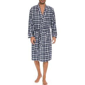 Men's Flannel Robe Knee Length Plaid Bathrobe