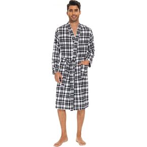 Men's Flannel Robe Knee Length Plaid Bathrobe in Kuwait