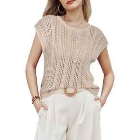 Arach&Cloz Womens Spring Summer 2024 Sweater Vest Cap Sleeve Crew Neck Crochet Knit Fashion Casual Sleeveless Tops Clothes in Kuwait