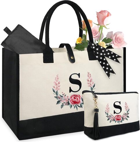 BeeGreen Birthday Gifts for Women, Personalized Gifts for Women w Magnetic Buckle & Inner Zipper Pockets Initial Canvas Tote Bag Embroidery Monogram Gifts for Women Mom Initial S in Saudi Arabia