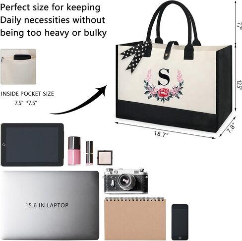 BeeGreen Birthday Gifts for Women, Personalized Gifts for Women w Magnetic Buckle & Inner Zipper Pockets Initial Canvas Tote Bag Embroidery Monogram Gifts for Women Mom Initial S in Saudi Arabia