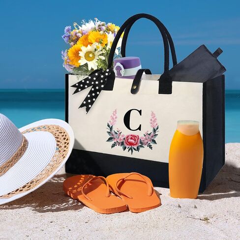 BeeGreen Birthday Gifts for Women, Personalized Gifts for Women w Magnetic Buckle & Inner Zipper Pockets Initial Canvas Tote Bag Embroidery Monogram Gifts for Women Mom Initial S in Saudi Arabia