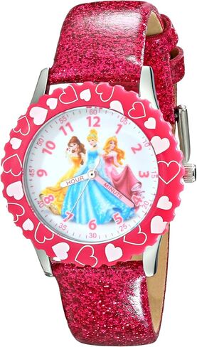 Disney Kids' W001801 Princess Stainless Steel Watch with Pink Glitter Faux Leather Band in Saudi Arabia