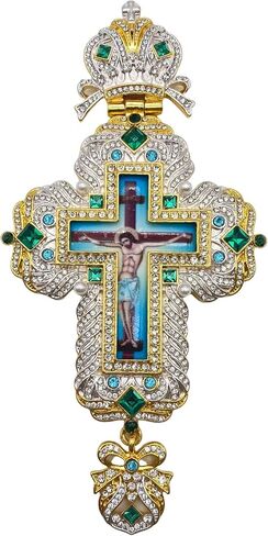 Nazareth Store 18K Gold Plated Pectoral Cross Multi Zircons Crystallized Elements Christian Priest Bishop Large Crucifix Pendant with Necklace 24" in Saudi Arabia