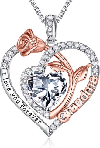 Iefil Gifts for Grandma - Birthstone Grandma Necklace, 925 Sterling Silver Rose Heart Pendant Birthstone Necklace for Grandma Mothers Day Christmas Birthday Gifts for Grandma Nana in Saudi Arabia
