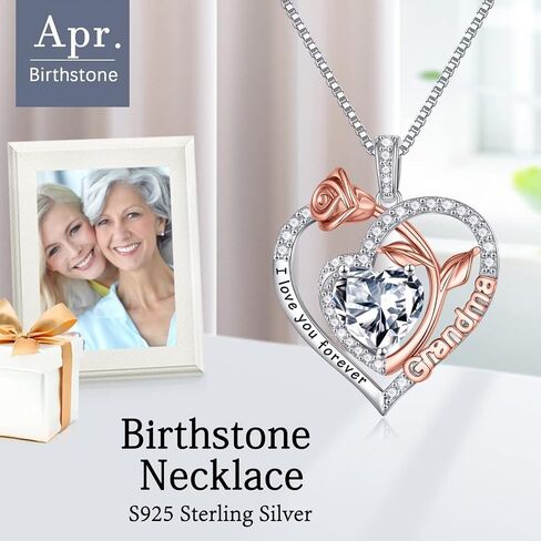 Iefil Gifts for Grandma - Birthstone Grandma Necklace, 925 Sterling Silver Rose Heart Pendant Birthstone Necklace for Grandma Mothers Day Christmas Birthday Gifts for Grandma Nana in Saudi Arabia