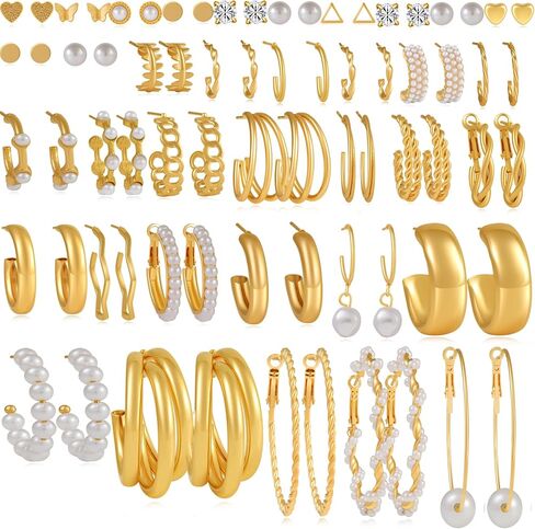 XingMei Story 36-Pairs Gold Earrings Set for Women & Girls - Lightweight Pearl Chain Link Stud Drop Dangle, Hoop & Stud Earrings Multipack - Hypoallergenic, Fashionable, Birthday Party Jewelry in Saudi Arabia