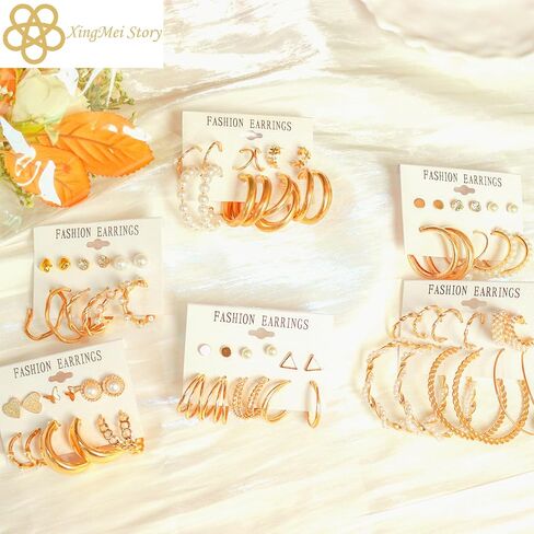 XingMei Story 36-Pairs Gold Earrings Set for Women & Girls - Lightweight Pearl Chain Link Stud Drop Dangle, Hoop & Stud Earrings Multipack - Hypoallergenic, Fashionable, Birthday Party Jewelry in Saudi Arabia