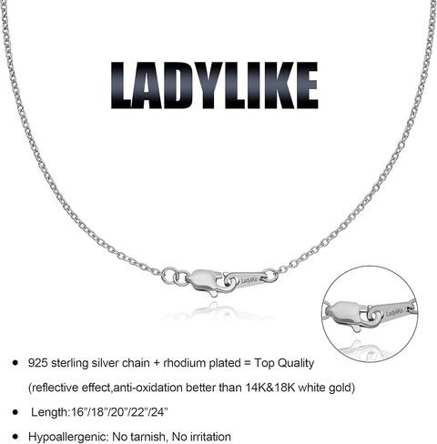 سلسلة Ladylike من الفضة الإسترلينية 925 للنساء والفتيات، قلادة سلسلة صندوقية إيطالية 1 مم، سلسلة كابل 1.25 مم، مشبك مخلب جراد البحر الكلاسيكي، مقاوم للغاية للتشويه، 16/18/20/22/24 بوصة in Kuwait