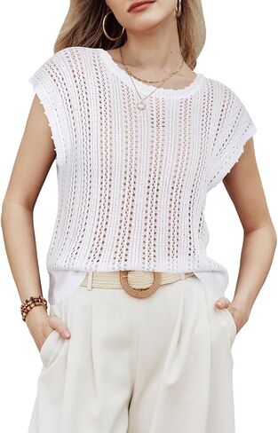 Arach&Cloz Womens Spring Summer 2024 Sweater Vest Cap Sleeve Crew Neck Crochet Knit Fashion Casual Sleeveless Tops Clothes in Saudi Arabia