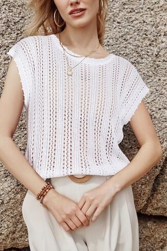 Arach&Cloz Womens Spring Summer 2024 Sweater Vest Cap Sleeve Crew Neck Crochet Knit Fashion Casual Sleeveless Tops Clothes in Saudi Arabia