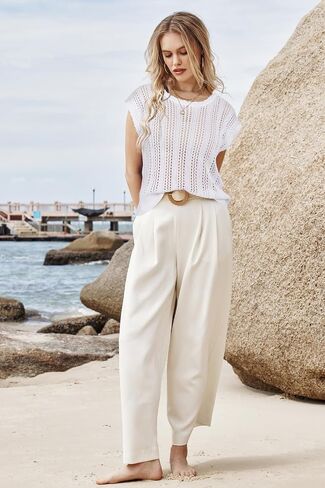 Arach&Cloz Womens Spring Summer 2024 Sweater Vest Cap Sleeve Crew Neck Crochet Knit Fashion Casual Sleeveless Tops Clothes in Saudi Arabia