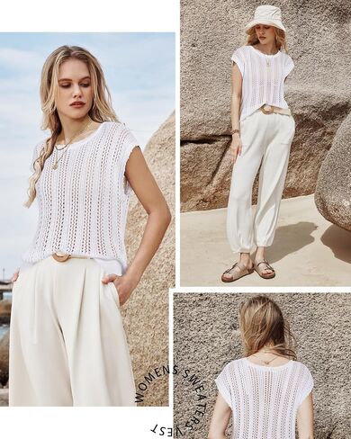 Arach&Cloz Womens Spring Summer 2024 Sweater Vest Cap Sleeve Crew Neck Crochet Knit Fashion Casual Sleeveless Tops Clothes in Saudi Arabia