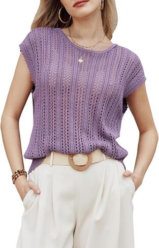 Arach&Cloz Womens Spring Summer 2024 Sweater Vest Cap Sleeve Crew Neck Crochet Knit Fashion Casual Sleeveless Tops Clothes in Saudi Arabia