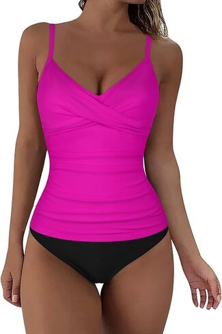 Firpearl Women's Underwire Tankini Top V Neck Crossover Swimsuits Ruched Tummy Control Bathing Suit Tops Push Up Swim Top in Kuwait