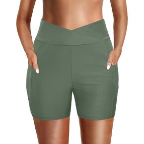 Aqua Eve Women Swim Shorts High Waisted Swimsuit Bottoms 4" Cross Waist Boy Shorts with Pocket Biker Shorts