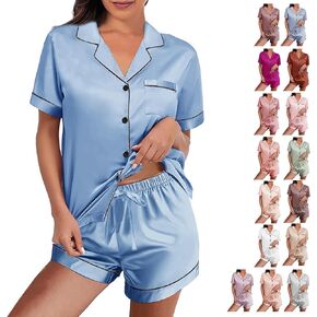 WJing Yi Jia Womens Silk Satin Pajamas Loungewear Two-Piece Sleepwear Button-Down Floral Pj Set XS-4XL in Kuwait